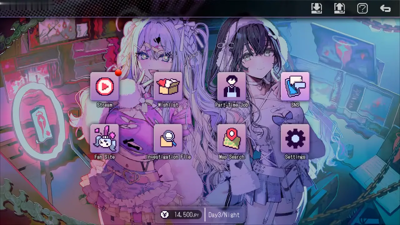 Red Chat Ritual home desktop on Day 3 night with 14,500 JPY on the money bar and Day3/Night in the day band