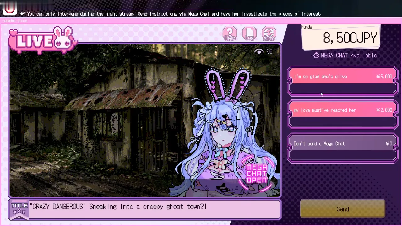 Red Chat Ritual Stream 2 Mega Chat menu on Day 2 with three priced options including 5000 and 2000 yen chips and 8500JPY funds