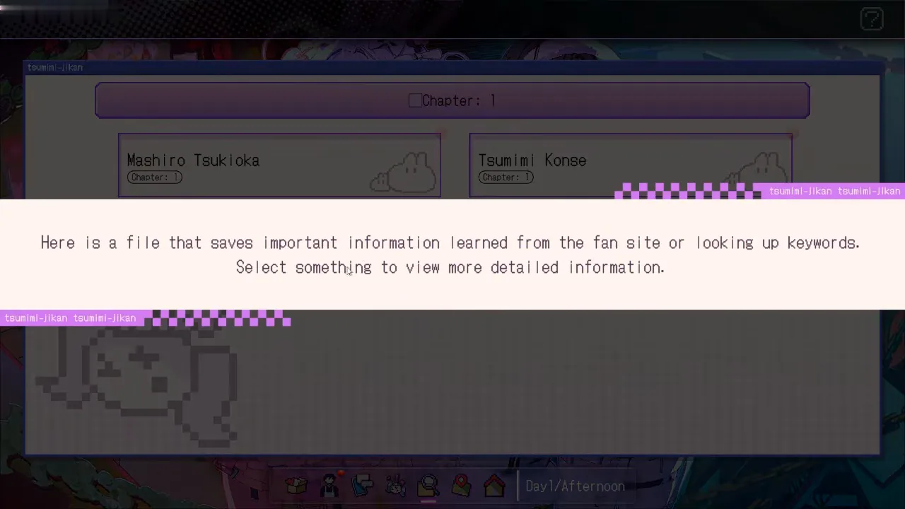 Red Chat Ritual investigation file screen on Day 1 afternoon with a Chapter 1 header and entry cards dimmed under the tutorial text box