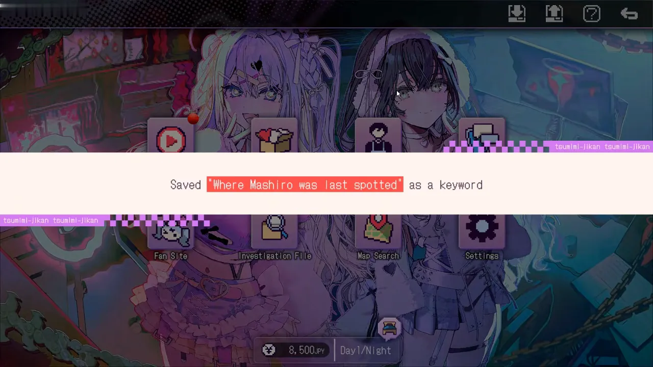 Red Chat Ritual home screen on Day 1 night with a save banner reading saved as a keyword over the menu icons and 8,500 JPY on the status bar